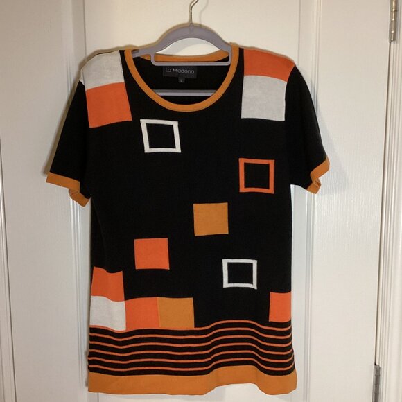La Madona Women's Short Sleeve Pullover Sweater Top Size L Color Block - Picture 1 of 9